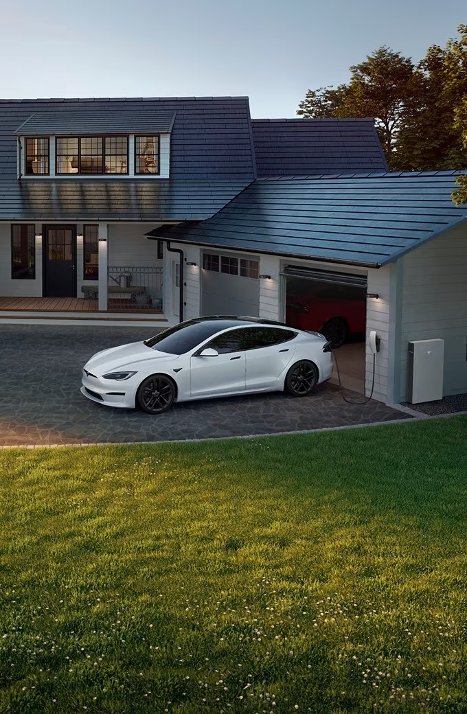 Tesla Model S charging at home with Solar Roof and Powerwall
